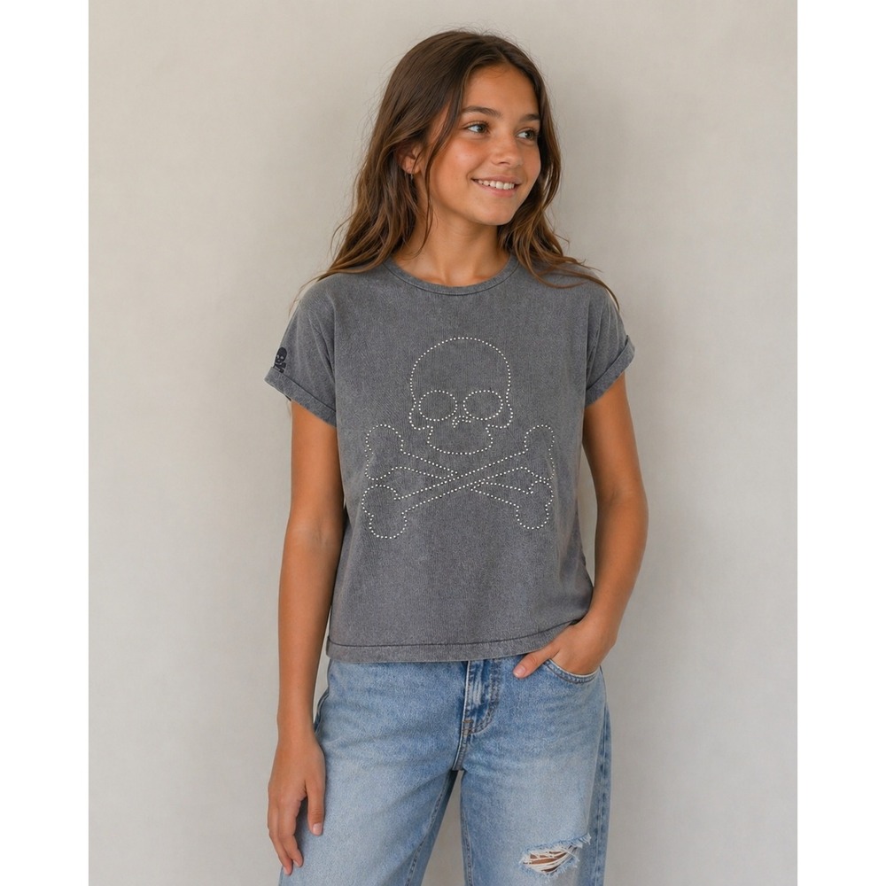 Scalpers Gray Cotton Skull Studded Baby Tee Kids Size 10 Y2K Grunge Edgy Fitted